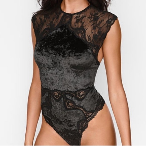 Victoria Secret black crushed velvet lace Trim bodysuit - Picture 5 of 13